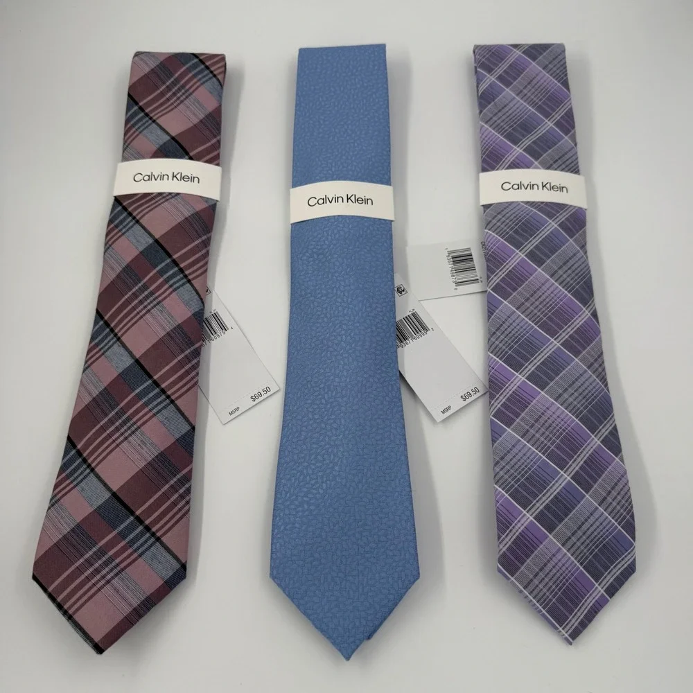 Calvin Klein Mens Silk Blend Necktie Lot 3 Pack Plaid Textured Blue Purple Pink